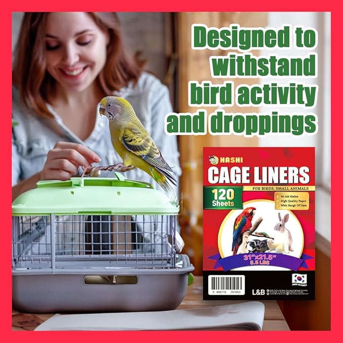 HASHI Bird Cage Liner - 120 Disposable Sheets Made from Acid-Free Newsprint. Non-Toxic for Birds, Ideal for Packing, Pet Cages, Crafts, Shipping, and Moving. Easy to Clean (31"x21.5")