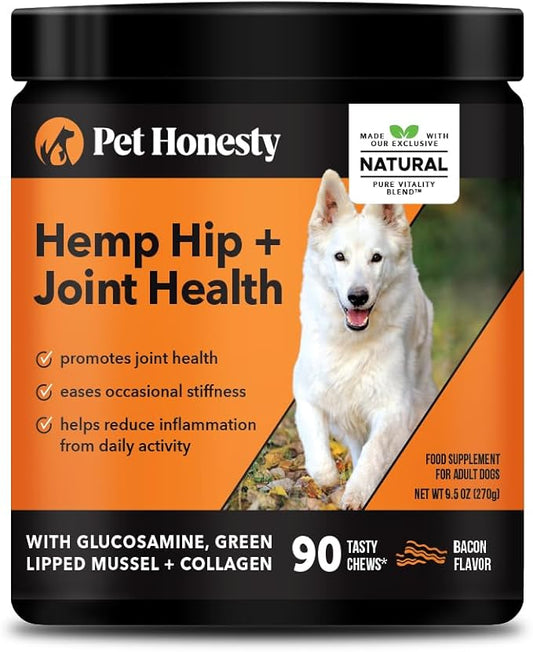 Hemp Hip & Joint Supplement for Dogs - Hemp Oil & Powder - Glucosamine Chondroitin for Dogs, Turmeric, MSM, Green-Lipped Mussel, Supports Mobility, May Reduce Discomfort (Bacon)
