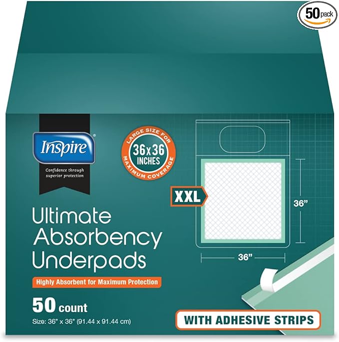 Inspire Super and Ultra Absorbent Disposable Bed Pads, 36" X 36", Pack of 50 with Adhesive, XXL