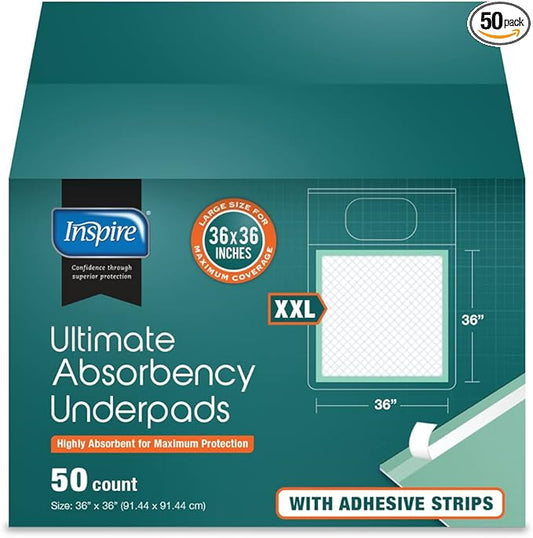 Inspire Super and Ultra Absorbent Disposable Bed Pads, 36" X 36", Pack of 50 with Adhesive, XXL