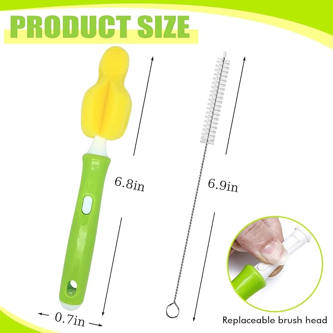INVODA Nipple Brush 4PCS Sponge Bottle Brushes with 4 PCS Straw Brush Baby Bottle Nipple Cleaner Brush Long Handle Detachable Nipple Brushes (Yellow)