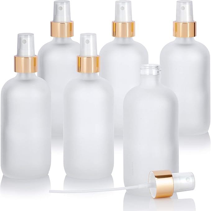 JUVITUS 8 oz / 240 ml Frosted Clear Glass Boston Round Bottle with Gold Fine Mist Spray (6 pack)