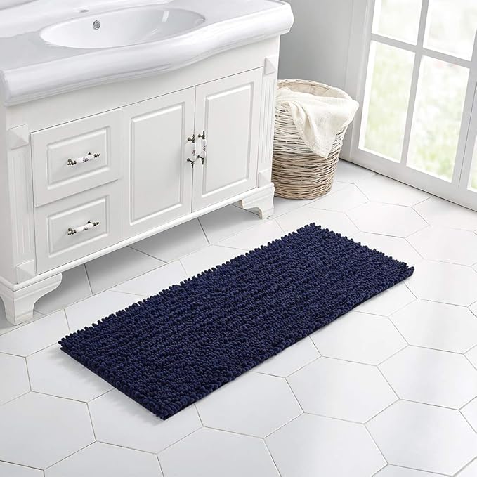 Walensee Bathroom Rug Non Slip Bath Mat (44x24 Inch Navy) Water Absorbent Super Soft Shaggy Chenille Machine Washable Dry Extra Thick Perfect Absorbant Best Large Plush Carpet for Shower Floor