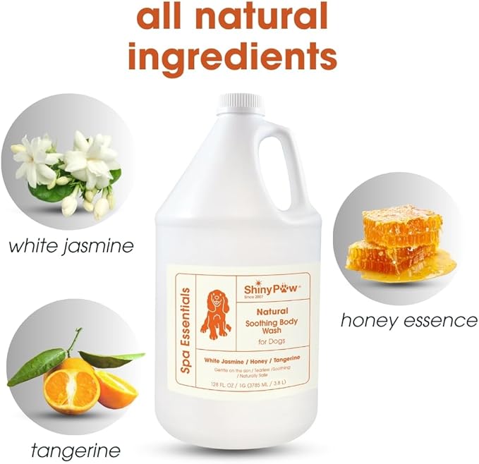 Jasmine & Honey Spa Body Wash for Dogs by Shiny Paw | Dog Itchy Skin Relief & Aging Coat | Hypoallergenic Dog Shampoo for Smelly Dogs | Made in USA (128 oz, White Jasmine, Honey & Tangerine)