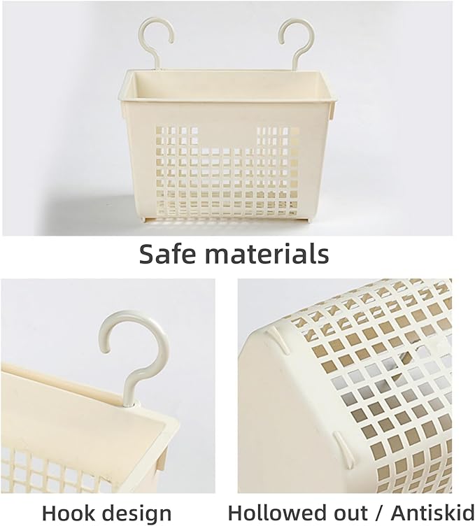 3PCS Plastic Hanging Baskets for Shower, Hanging Basket Organizer with Hooks, Rectangle 11.3Inches Small Hanging Storage Basket (Beige)