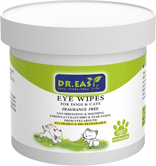 DR.EASY Pet Eye Wipes 120 Ct for Dog Cat Horse & Rabbit Grooming,Tear stain remover,Puppy Kitty eye wash,Remove dirt crust dried mucus discharge secretions, Unscented soft & gentle,Plant Based Formula