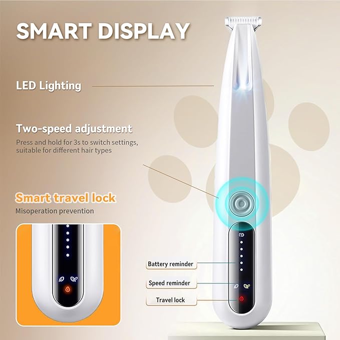 2025 New Pet Precision Trimmer, Dog Paw Trimmer with LED Light, Low Noise, IP68 Waterproof, Dual-Speed Motor, Suit for Trimming Paw, Ear, Face, Butt, Eyebrows, USB Rechageble