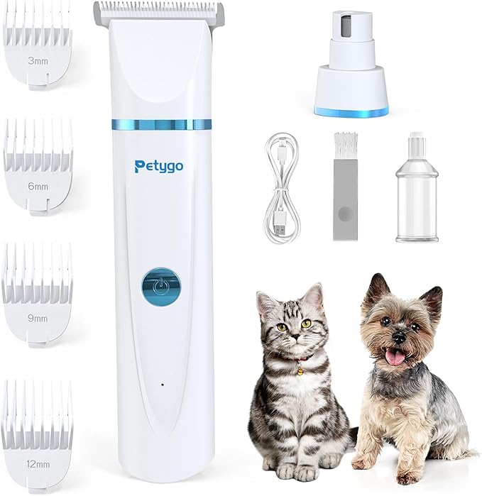 2-in-1 Dog & Cat Grooming Kit - Rechargeable Cordless Pet Hair Clippers with Nail Grinder & Paw Trimmer & 4 Guide Combs, Low Noise Dog Clippers for Grooming Small Medium Pets