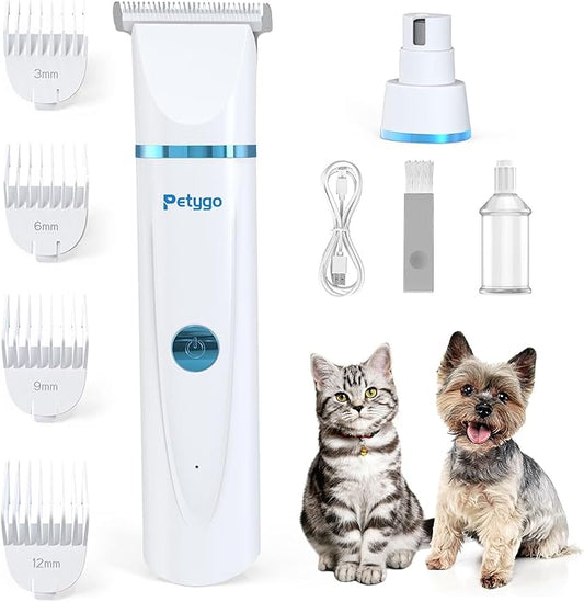 2-in-1 Dog & Cat Grooming Kit - Rechargeable Cordless Pet Hair Clippers with Nail Grinder & Paw Trimmer & 4 Guide Combs, Low Noise Dog Clippers for Grooming Small Medium Pets