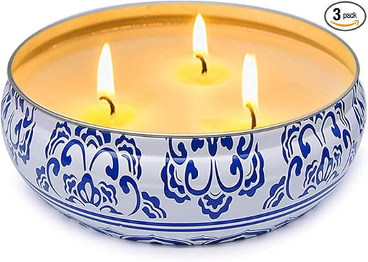 Citronella Candles Outdoor, Large 3 Wicks Soy Wax Candles in Blue and White Tin with Lid, 75 Hour Burn for Patio, Yard, Balcony, Camping, Indoor