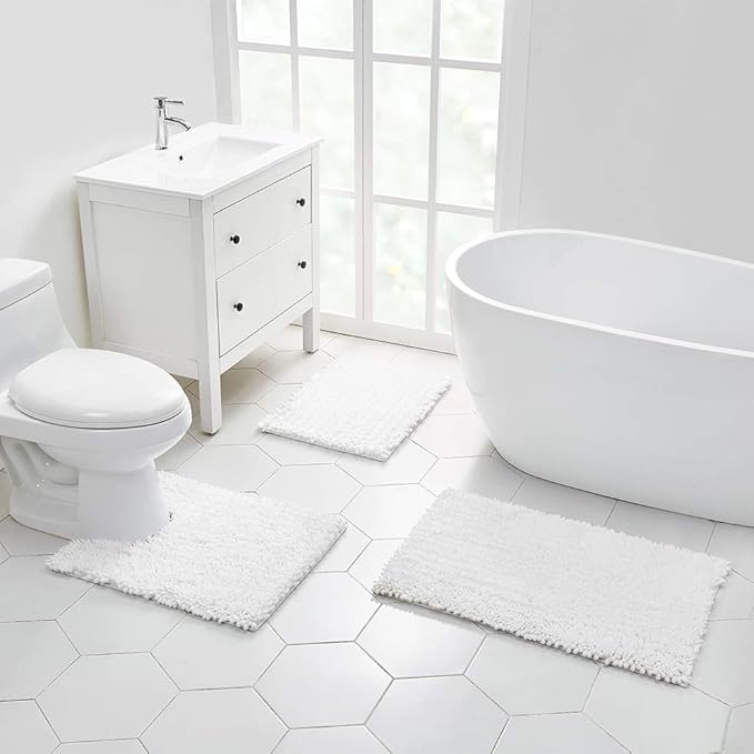 Walensee Bathroom Rug Non Slip Bath Mat (24x17 Inch White) Water Absorbent Super Soft Shaggy Chenille Machine Washable Dry Extra Thick Perfect Absorbant Best Small Plush Carpet for Shower Floor