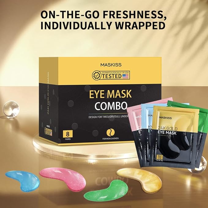 Under Eye Patches(8 Pairs), 24K Gold, Caffeine, Hyaluronic Acid, Aloe Vera Eye Masks for Dark Circles Puffy Eyes Undereye Bags, Eye Skin Care Gift Set for Bachelorette Party Favors