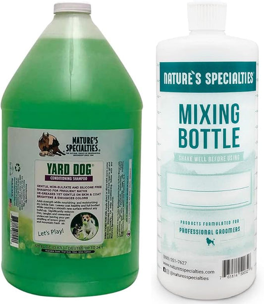 Nature's Specialties Mixing Bottle and Dog Shampoo Conditioner Concentrate Bundle, Easy to Read Measurements Mixing Bottle 32 oz, Yard Dog Dog Shampoo Conditioner Concentrate 1 gal