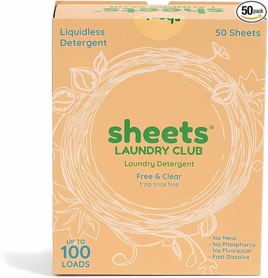 Sheets Laundry Club - Liquidless Laundry Detergent Sheets, 100 Loads - Fragrance Free Scent, Eco-Friendly, Quick-Dissolving Formula, Hypoallergenic, Septic Safe, Plastic-Free Packaging - 50 Sheets