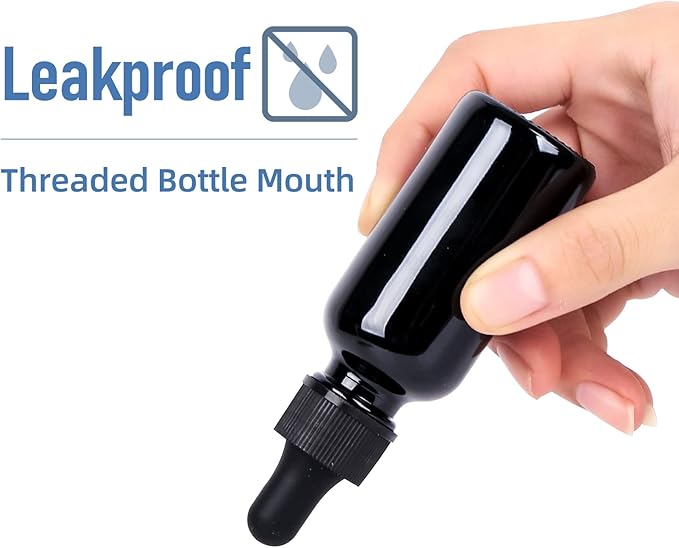 1 oz UV Resistant Dropper Bottle 12 Pack Black Glass Boston Bottles 30ml with Eye Droppers Black Caps for Essential Oils, Perfume, Leak Proof Travel Bottles for Liquids