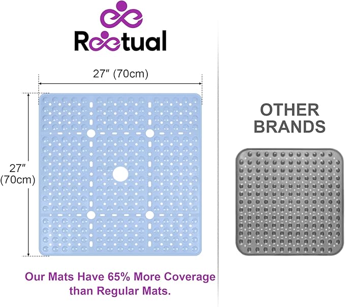 Reetual XL Shower Mat Non Slip - 27x27 Bath Mat for Shower Stall or Large Bathtub Mat with 240 Powerful Suction Cups and Drain Holes. Black Shower Mats for Bathroom (Blue Aqua)