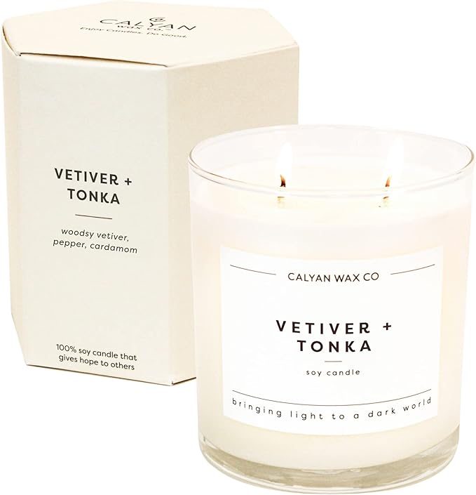 Calyan Wax Co. 2 Wick Candle, Vetiver + Tonka Scented Candle, 37 Hour Burn Time, Aromatherapy Soy Candles, Non Toxic & Vegan Soy Wax, Glass Tumbler Scented Candles, 8.8oz