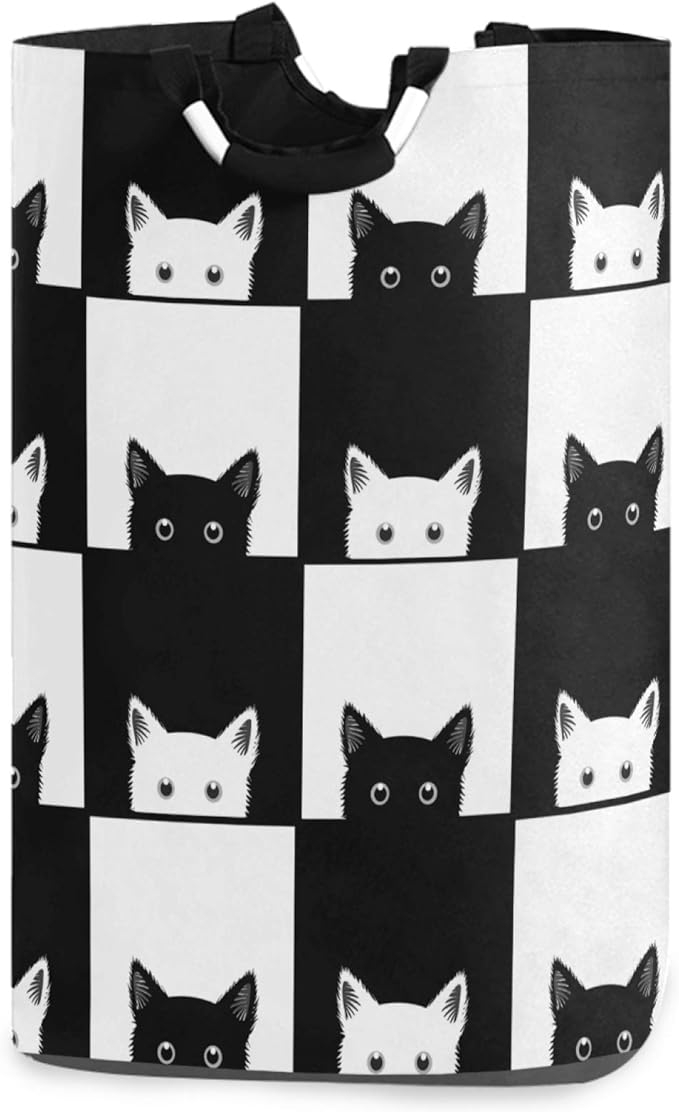 visesunny Black White Cat in the Grid Animal Large Laundry Hamper with Handle Foldable Durable Clothes Hamper Laundry Bag Toy Bin for Bathroom, Bedroom, Dorm, Travel