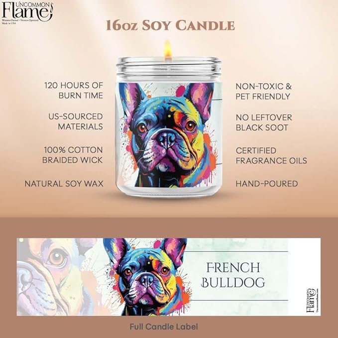 100% Handmade Non-toxic Soy Wax Candle, Fruity Sweet Scent, 120hr Burn, Soot Free, Cotton Wick, 16 oz - Gift for Dog Moms/Dads, French Bulldog Lovers (Frenchie, Black Raspberry Vanilla)