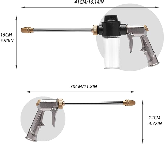 High Pressure Garden Hose Nozzle Sprayer with 3.5oz Plastic Soap Dispenser Bottle, Heavy Duty Car Wash Foam Gun, Adjustable Nozzle for Gardening, Solar Panel Cleaning, Pet Showering (Silver)