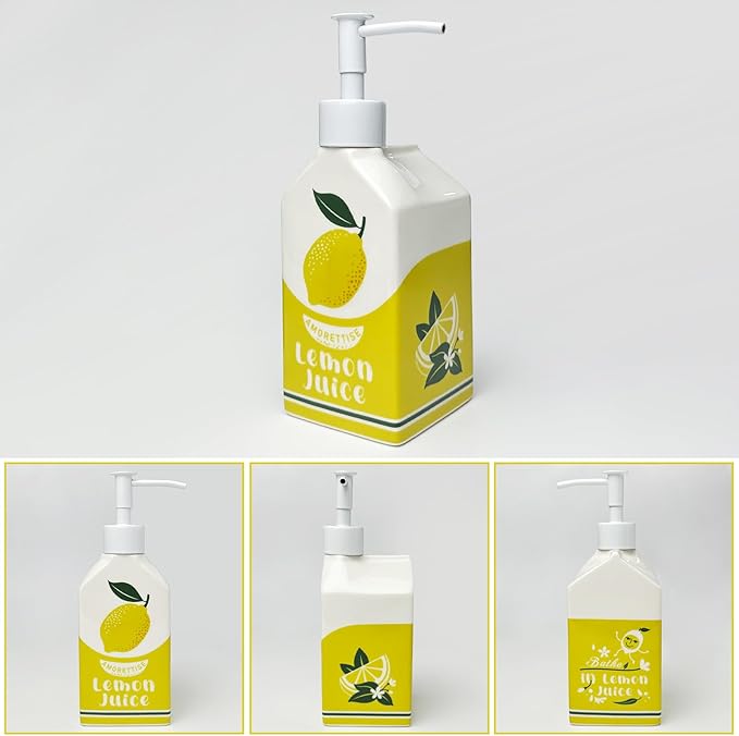 Ceramic Lemon Juice Soap Dispenser, Liquid Hand Soap Pump, Refillable Lotion Bottle for Bathroom Kitchen Dish Soap (Lemon)