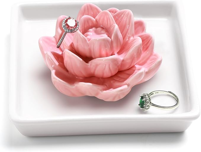 PUDDING CABIN Pink Lotus Ring Holder Dish, Jewelry Holder for Rings, Earrings, Necklace, Bracelets Organizer, Birthday, Wedding, Christmas, Valentine's Day Gifts for Her