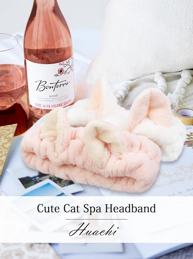 Huachi 2 Packs Cute Cat Ears Spa Headband for Washing Face Makeup Skincare, Kitty Animal Headbands for Women Girls Trendy Stuff Gifts Soft Coral Fleece Facial Wash Hair Accessories (White + Pink)