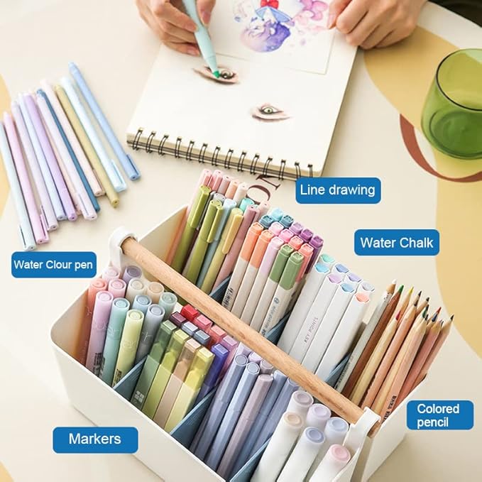 Large Portable Basket with Handle, Plastic Craft Storage Organizer Caddy Tote with Adjustable Divided for Makeup Art Supplies, Sewing, Colored Pencils-Blue