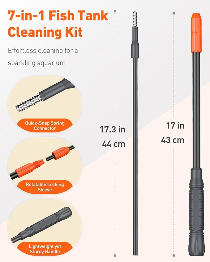 Pawfly Aquarium Cleaning Tools, 7 in 1 Fish Tank Cleaning Kit, Algae Scraper, Sponge Scrubber Pad, Brush, Gravel Rake & Fish Net with Adjustable Long Handle, Fish Tank Cleaner Set