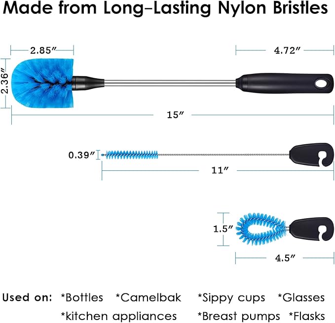 3-in-1 Stainless Steel Bottle Brush and Straw Cleaning Set, Long Handle Scrub Brush with Replaceable Head for Water Bottles, Glasswares, Mugs, Flasks, Tumblers, Vases, Round Head