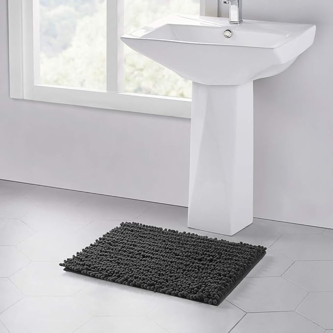Walensee Bathroom Rug Non Slip Bath Mat (24x17 Inch Dark Grey) Water Absorbent Super Soft Shaggy Chenille Machine Washable Dry Extra Thick Perfect Absorbant Best Small Plush Carpet for Shower Floor