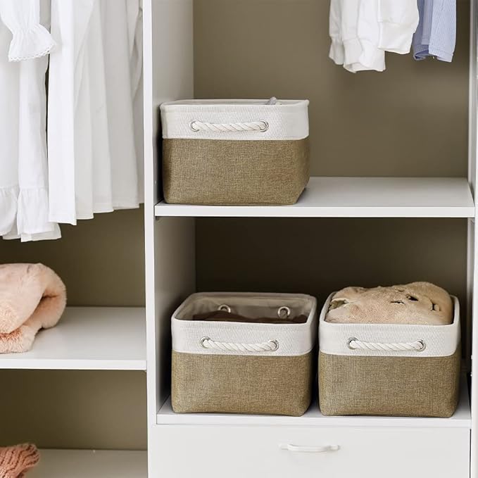 TheWarmHome Storage Basket for Shelves - 1 Pack 14x10x6.7 inch Collapsible Storage Bins Storage Boxes for Organizing for Laundry Closet Gift Cloth Nursery (Whiet & Khaki)