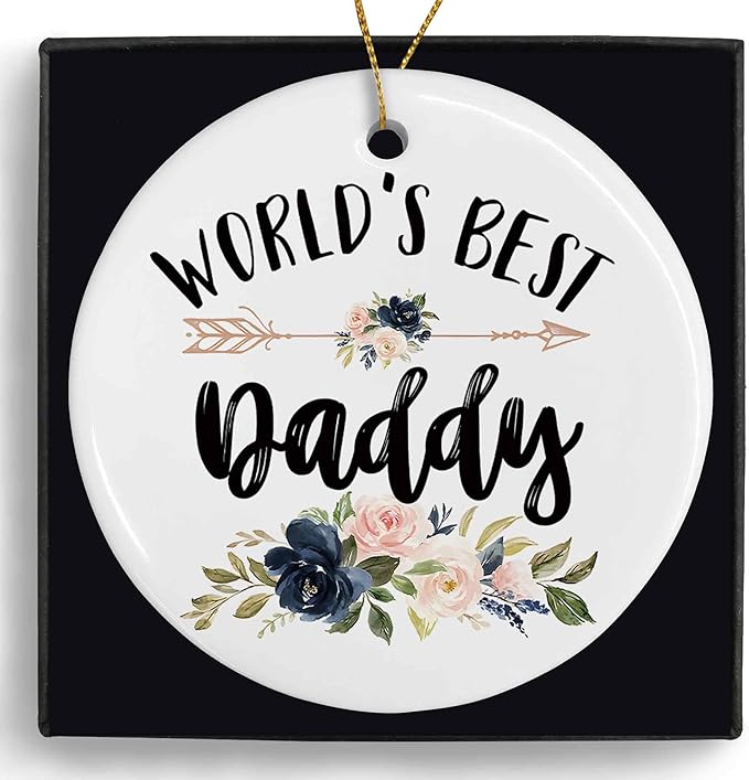 World's Best Daddy Ceramic Ornaments Gifts, Dad Father Papa Round Hanging Ornament Decor Decorations for Christmas Tree Car, Thank You Appreciation Gift for Daddy Birthday Holiday Father's Day