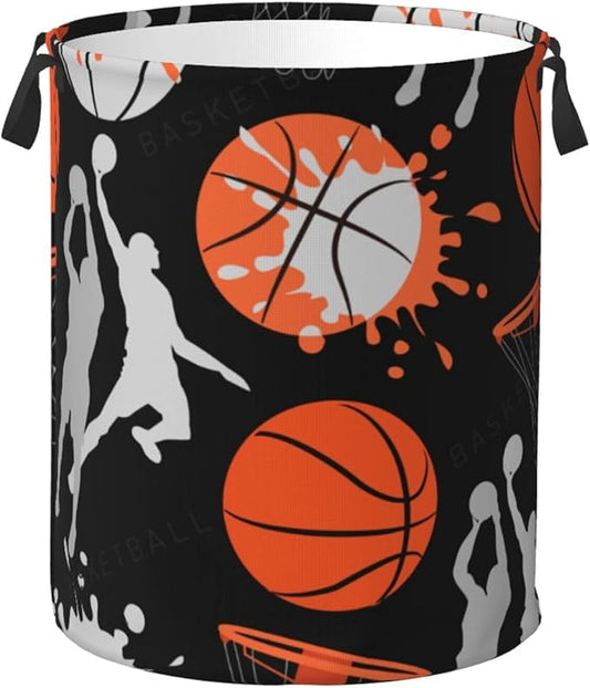Basketball Sport Theme Laundry Hamper Bag With Waterproof Liner - Round Laundry Basket Foldable Clothes Storage Organizer For Bathroom Bedroom Nursery Dorm, S-16.5"X 13.8"