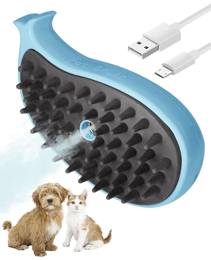 Cat Steam Brush for Shedding - 3 in 1 Steamy Cat Brushes for Grooming and Massage - Whales Shaped Cats Brush with Steam for Dogs, Removing Tangled and Loose Hair (Blue)