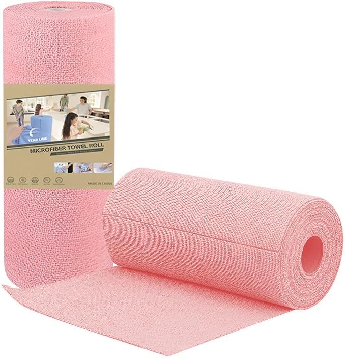 JINGYAN 50-Pack Microfiber Cleaning Cloth Roll, Pink Reusable Washable Tear Away Towels for Home, Car, Kitchen, Glass, Pets & Garage - 25x25cm