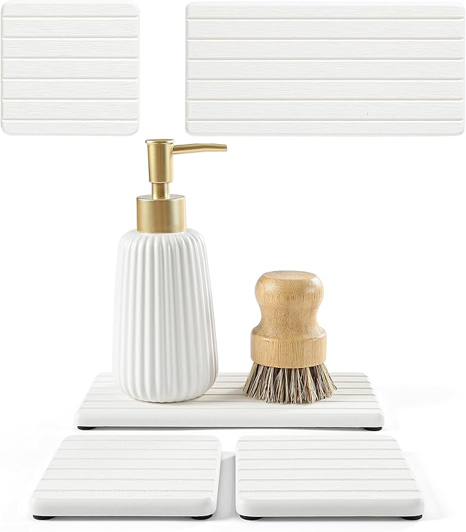3 Pack Diatomite Stone Sink Tray, Water Absorbing Mat for Kitchen & Bathroom Counter, Quick Dry Soap Dish Makeup Vanity Caddy,Sponge Holder Organizer, White - 2pcs of 8"x 3.8" and 1pc of 3.8"x 3.8"