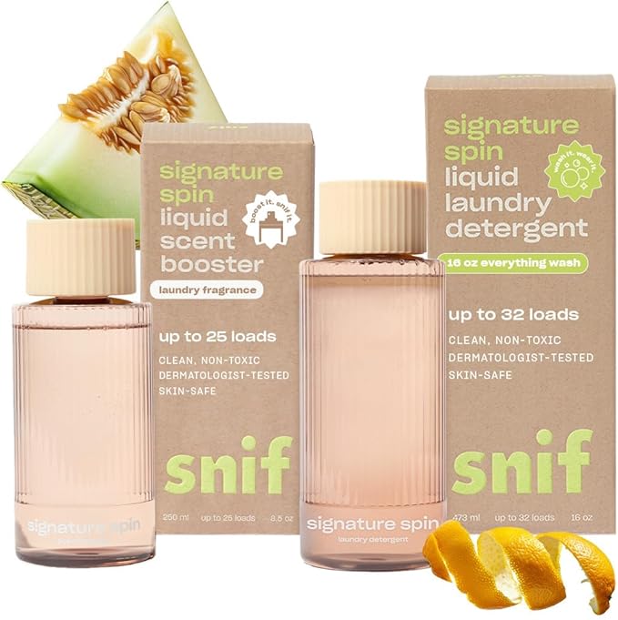 Snif Signature Spin Laundry Detergent & Scent Booster Starter Pack – Crisp Clean Signature Scent, Premium Non-Toxic Laundry Set, HE Safe, Non-Irritating (16oz + 8.5oz)