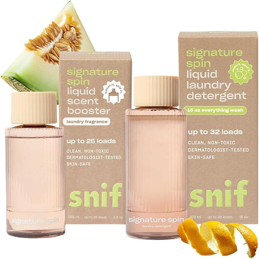 Snif Signature Spin Laundry Detergent & Scent Booster Starter Pack – Crisp Clean Signature Scent, Premium Non-Toxic Laundry Set, HE Safe, Non-Irritating (16oz + 8.5oz)
