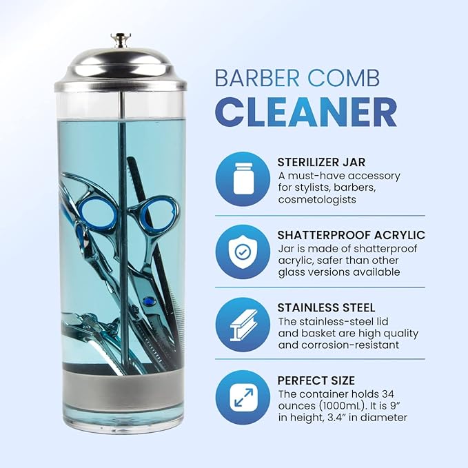 Salon Disinfectant Jar - Shatterproof Acrylic - Barber Alcohol Jar - Salon Sterilizer Jar - Barber Comb Cleaner - Barber Cleaning Supplies - Salon Barber Tools