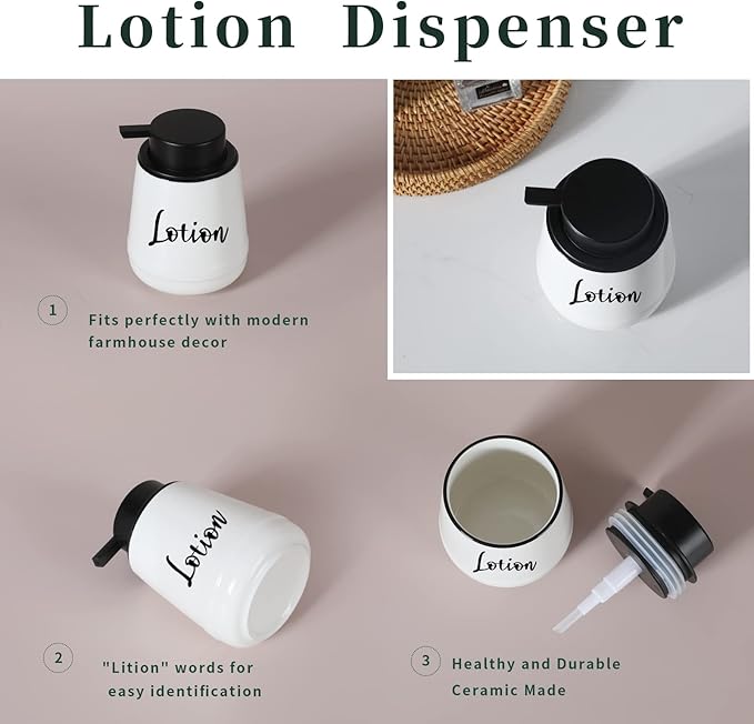 Bathroom Countertop Dispensers-Modern Ceramic Soap Lotion Dispenser Bottles, Hand Soap Dispenser for Bathroom, Dish Soap Dispenser for Kitchen, Easy-to-Press Pump (White, Labeled Lotion)
