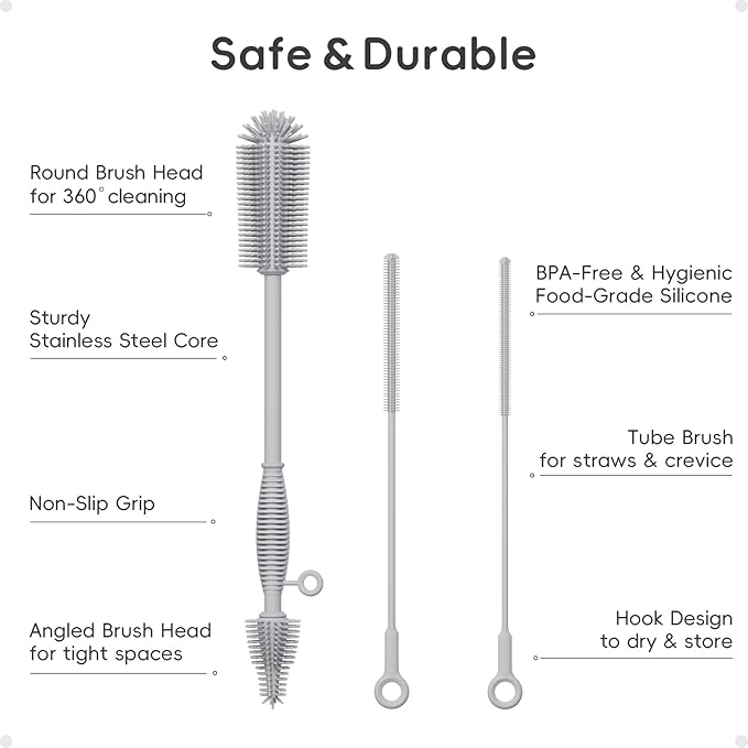 Baby Bottle Brush and Straw Cleaner Brush Set, Extra Long Double-Ended Soft Silicone Brush Cleaner for Baby Bottles, Water Bottles, Cups, Breast Pumps, Detachable & Hangable