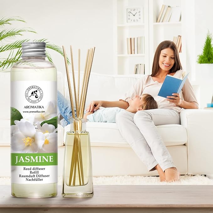 AROMATIKA Jasmine Essential Oil 200ml - Natural Reed Diffuser Refill for Long-Lasting Fragrance - Jasminum Officinale Oil - Air Freshener for Home, Office, Spa, Salon, Restaurant, Cafe, Bar