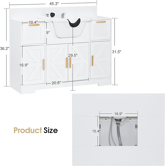 BarberPub Portable Shampoo Station, Shampoo Bowl with Cabinet & Drawer, Salon Geometric Finish Station with Sprayer Faucet, Barber Storage Equipment with Hair Wash Backwash Sink 3439 (All White)