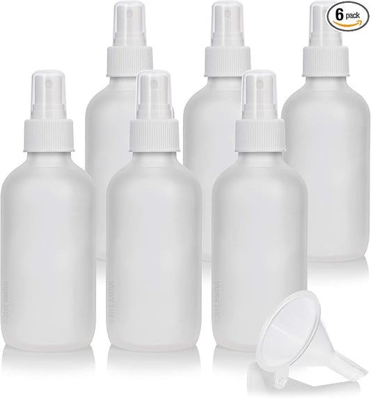 JUVITUS 4 oz Frosted Clear Glass Boston Round Bottle with White Fine Mist Sprayer (6 Pack) + Funnel