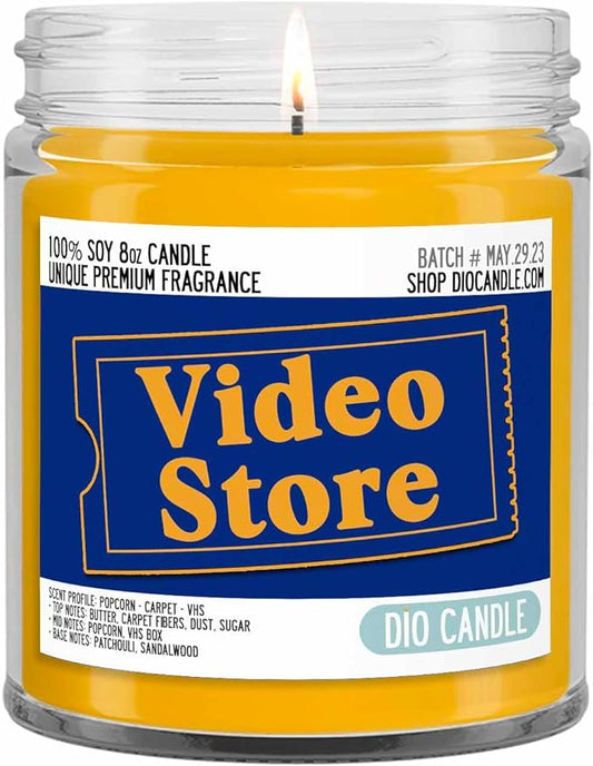 Video Store Scented Candle - Smells Like Popcorn, Carpet, VHS Tapes - 100% Naturally Vegan Soy and Premium Fragrance | Great Gift | Recyclable Glass Jar | Handmade in Denver, Colorado (8oz Glass Jar)