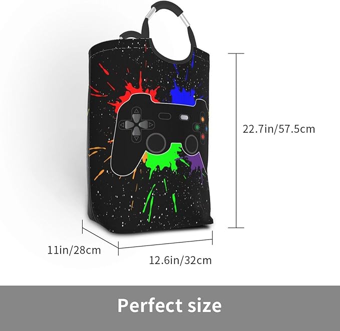 Gaming Joystick Large Laundry Hamper Bag With Waterproof Liner - Video Game Theme Laundry Basket Foldable Clothes Storage Organizer For Bathroom Bedroom Nursery Dorm