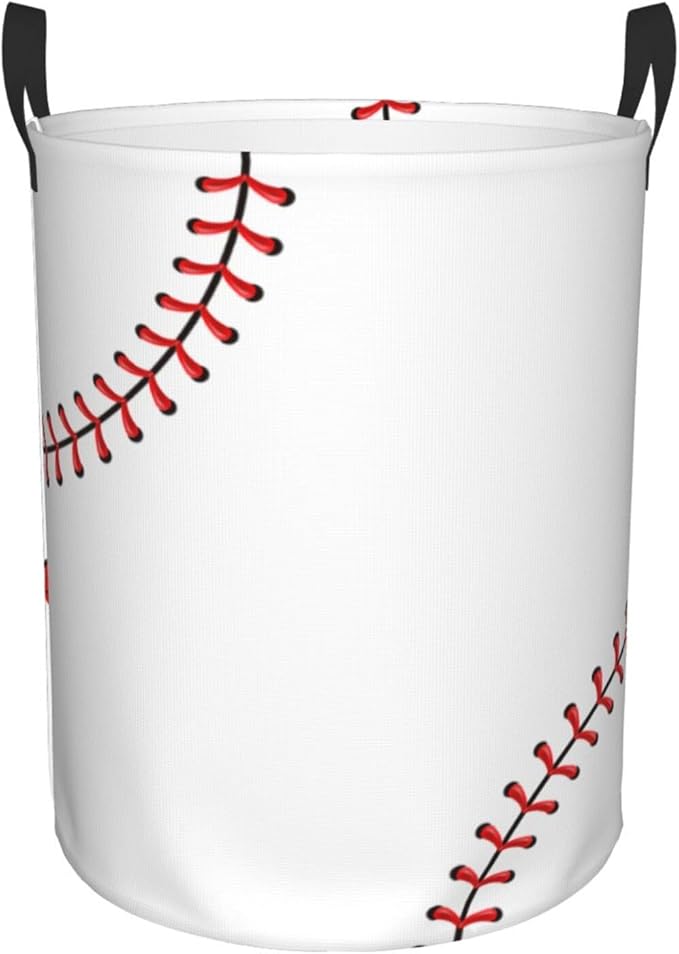 Baseball Texture Laundry Hamper Bag With Waterproof Liner - Round Laundry Basket Foldable Clothes Storage Organizer For Bathroom Bedroom Nursery Dorm, S-16.5"X 13.8"