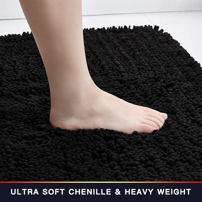 Walensee Large Bathroom Rug Non Slip Bath Mat (72x24 Inch Black) Water Absorbent Super Soft Shaggy Chenille Machine Washable Dry Extra Thick Perfect Absorbant Best Plush Carpet for Shower Floor