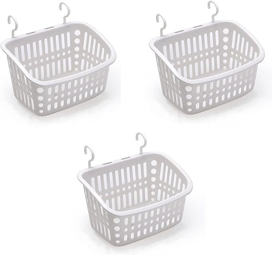 3PCS Plastic Hanging Baskets for Shower, Hanging Basket Organizer with Hooks, Rectangle 8.5Inches Small Hanging Storage Basket (Grey)